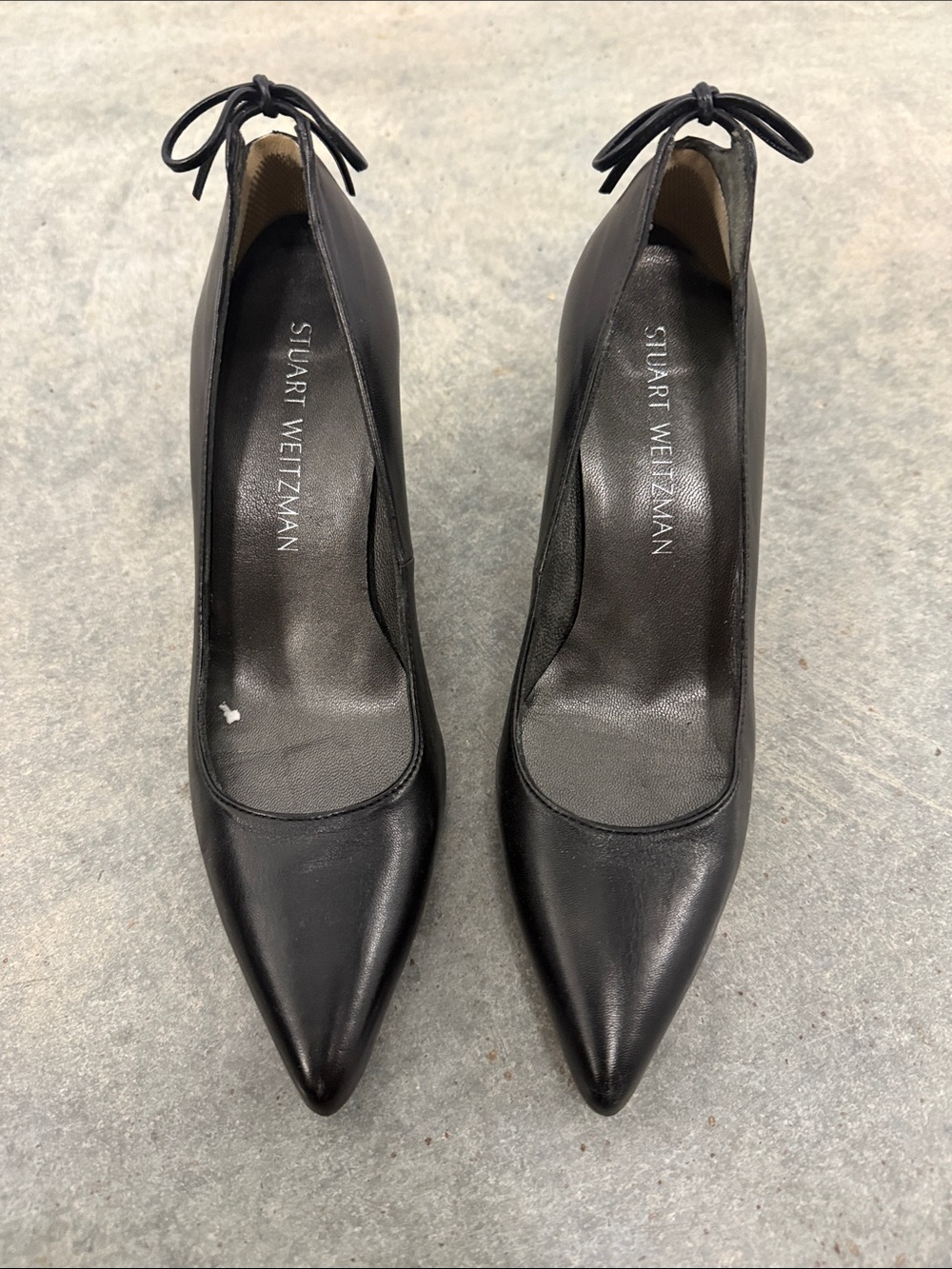 Stuart Weitzman Black Pointed Toe Leather Pumps with Ankle Bow